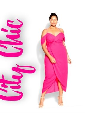 City Chic Hot Pink Off-Shoulder High-Low Maxi Dress